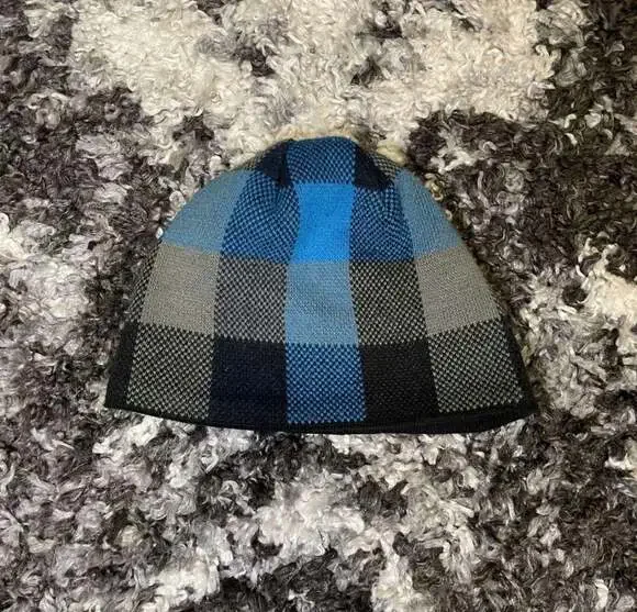 Blue Plaid Knit Beanie, Winter Skull Cap Hat — One Size - Picture 2 of 3